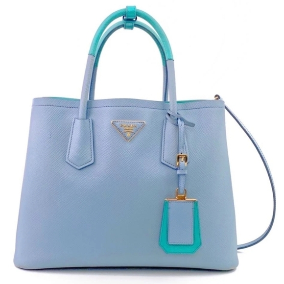 Rare! NEW! Prada Saffiano Cuir Double Handle Medium Tote Aqua TIFFANY BABY BLUE - Picture 3 of 16